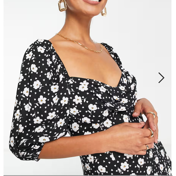 ASOS DESIGN puff sleeve ruched bust Midi split dress in floral and heart Size 4 - Picture 2 of 10